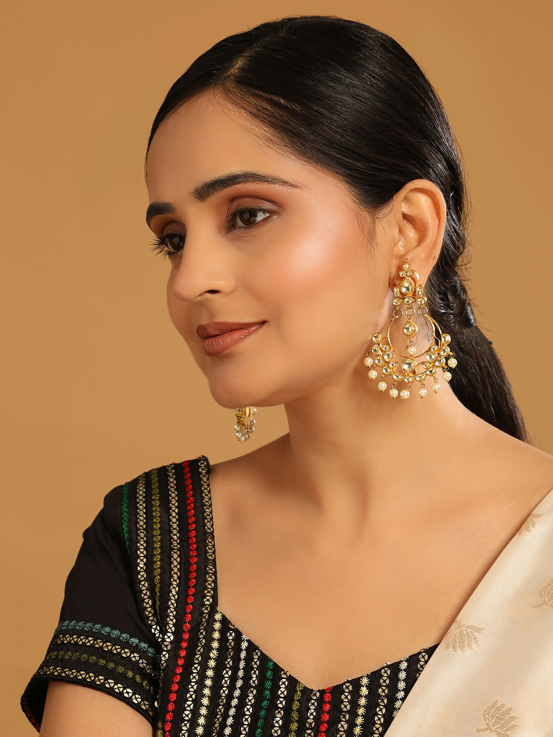 Nuyug 22K Gold Plated Kundan Studded Contemporary Shaped Pearl Drop Chandbalis | Swadesiicart