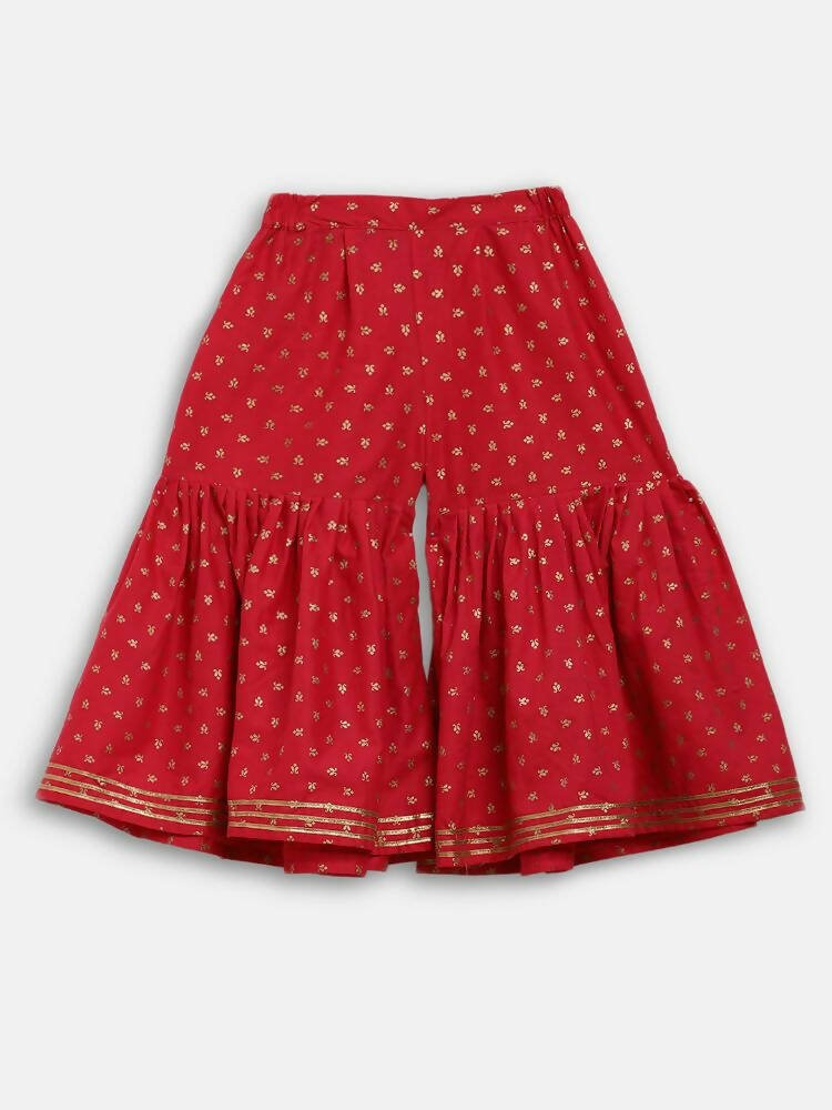 Ahalyaa Red Crepe Gold Printed Kids Kurta Sharara Set For Girls | Swadesiicart