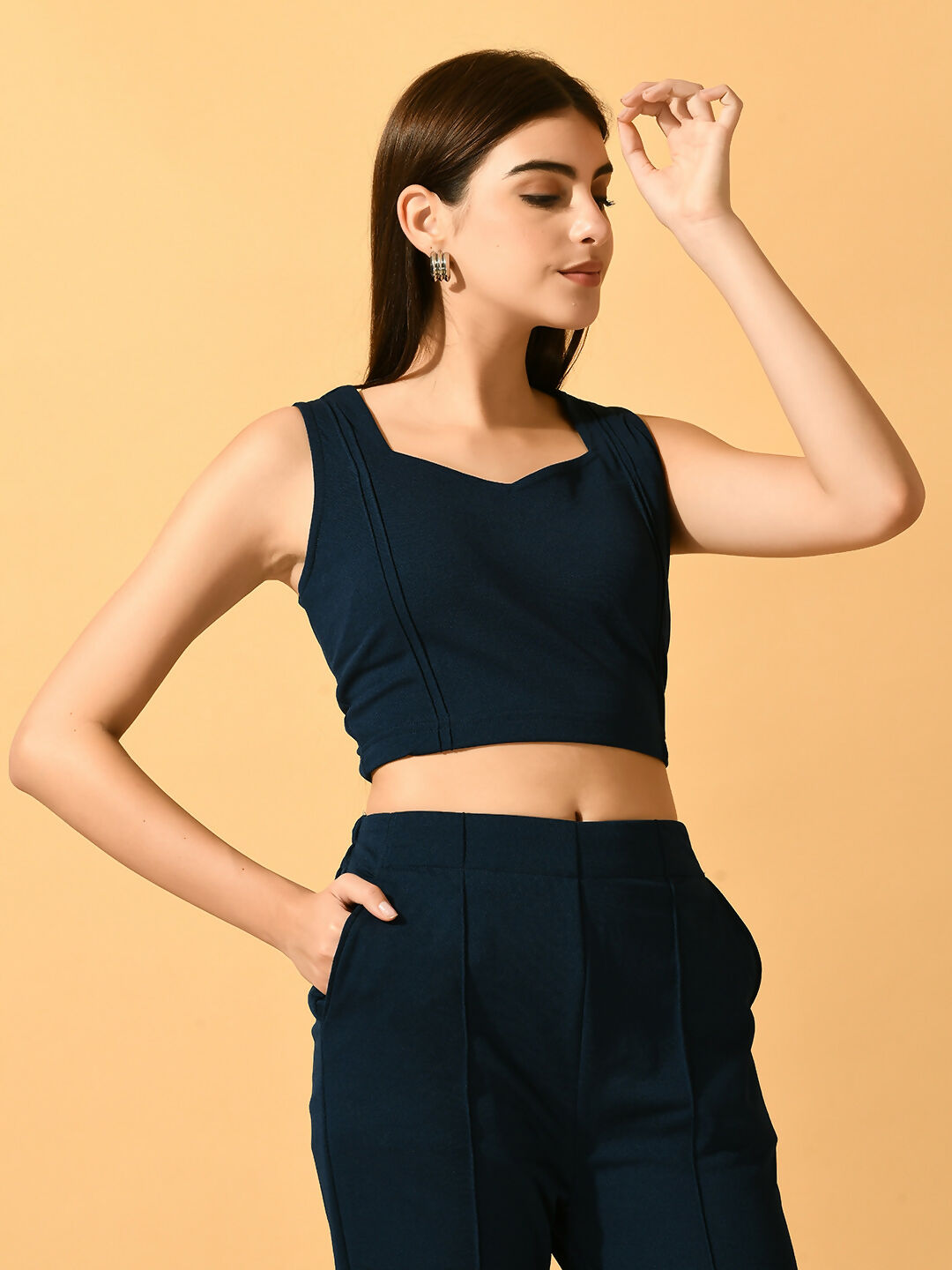 Myshka Women's Navy Blue Solid Top With Trousers - Swadesiicart