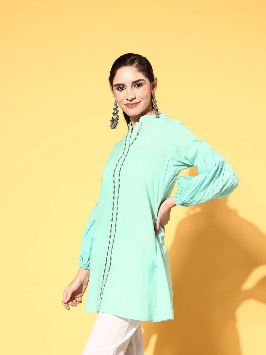 Ahalyaa Women Mint Green Pure Cotton Silver Print Tunic | Swadesiicart