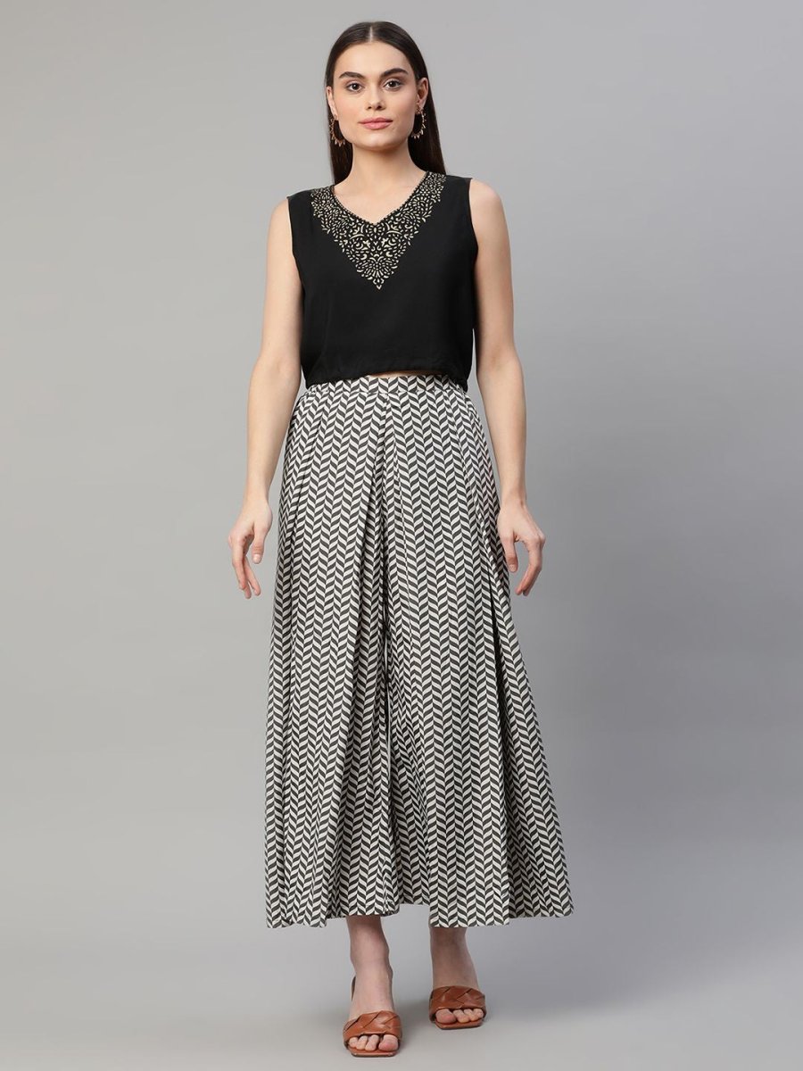 Ahalyaa Women Black Crepe Printed Top Palazzo Set | Swadesiicart