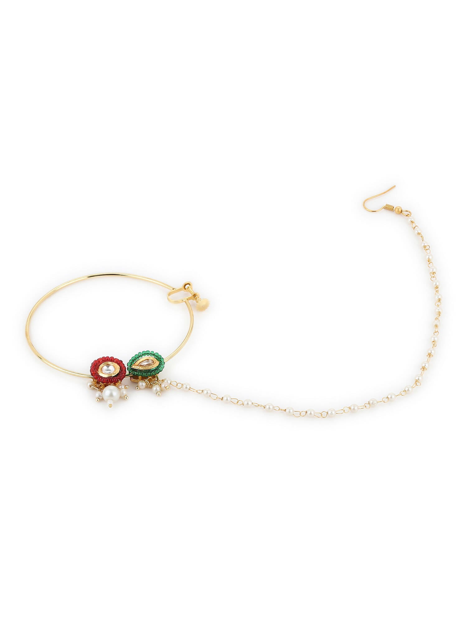 Gold-Polished White Red Stone-Studded Pearl Beaded Nosepin - Ruby Raang | Swadesiicart