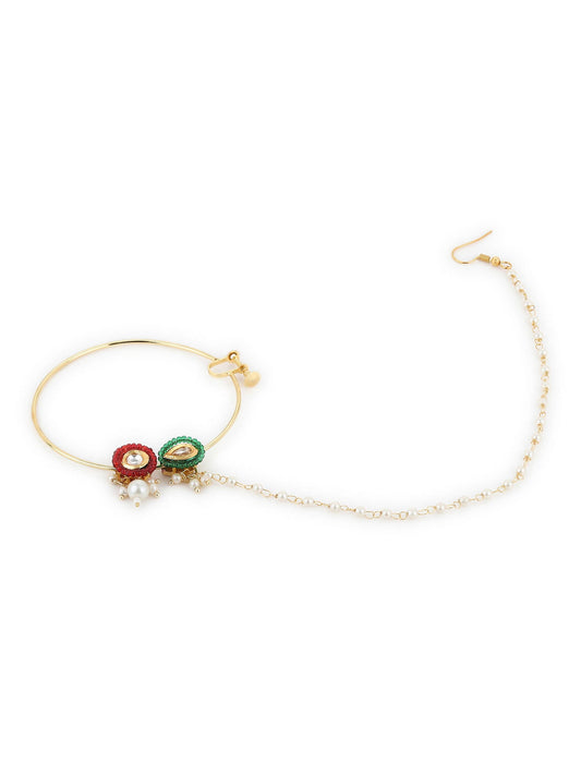 Gold-Polished White Red Stone-Studded Pearl Beaded Nosepin - Ruby Raang | Swadesiicart