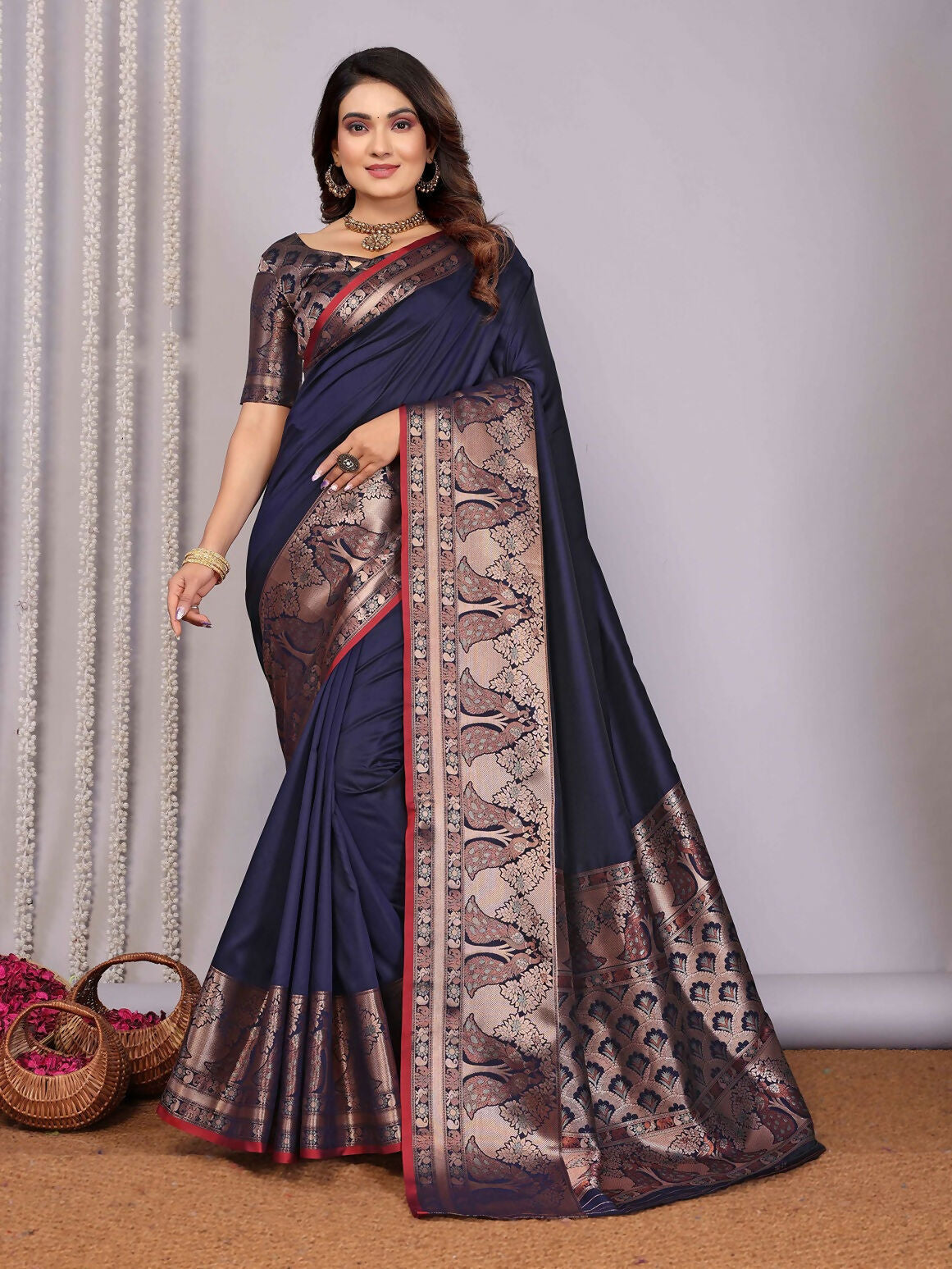 Joban Fashion Navy Blue Woven Banarasi Silk Sarees | Swadesiicart