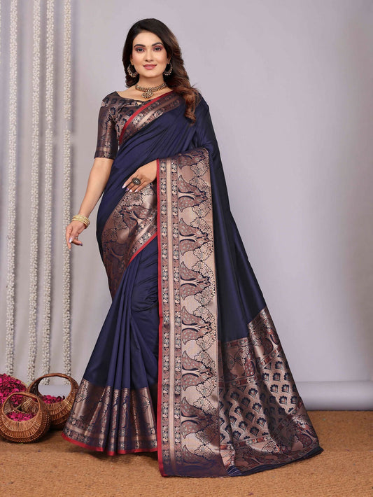 Joban Fashion Navy Blue Woven Banarasi Silk Sarees | Swadesiicart