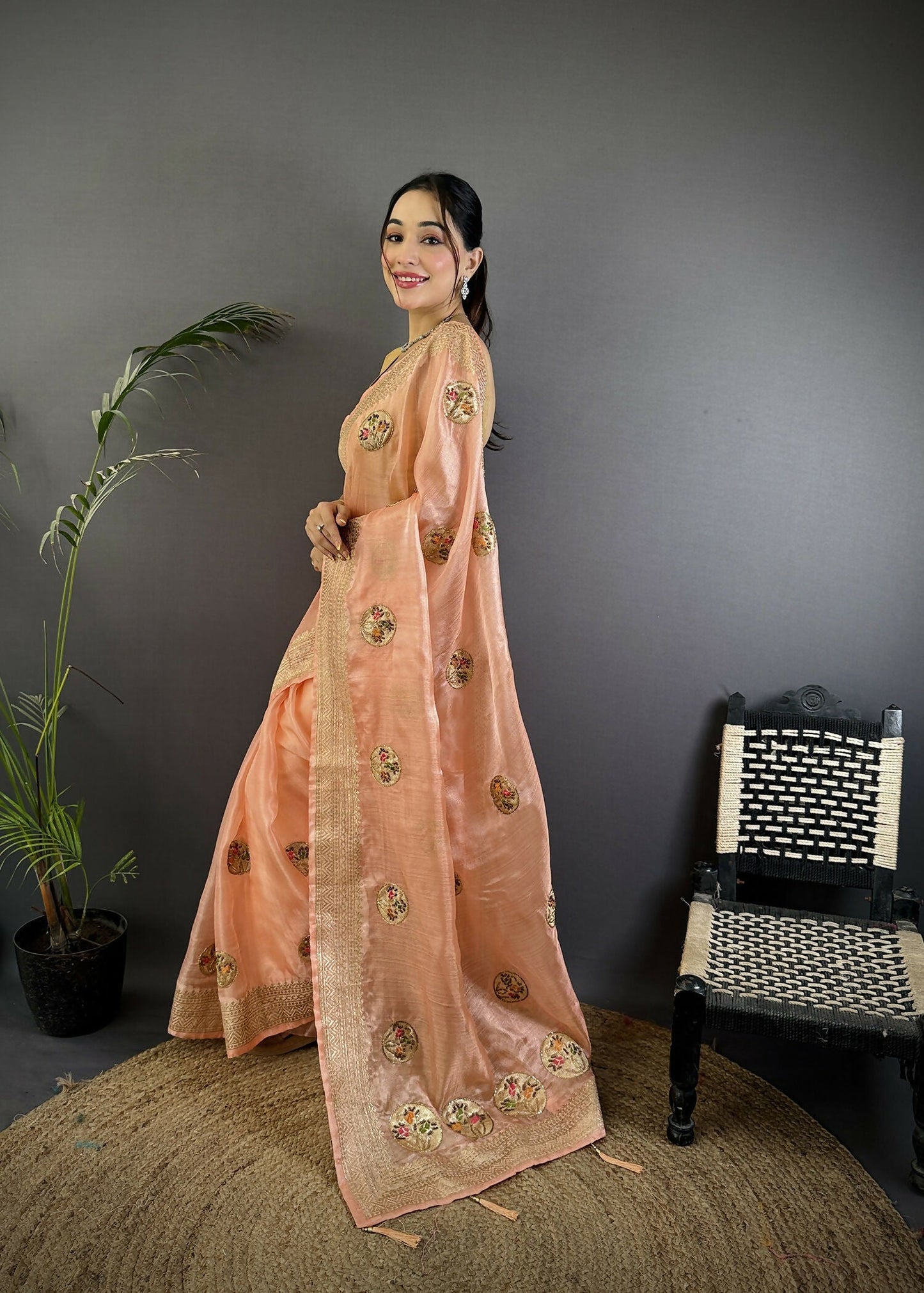 Joban Fashion Peach Handloom Banarasi Organza Silk Khatali Butta Work Saree | Swadesiicart