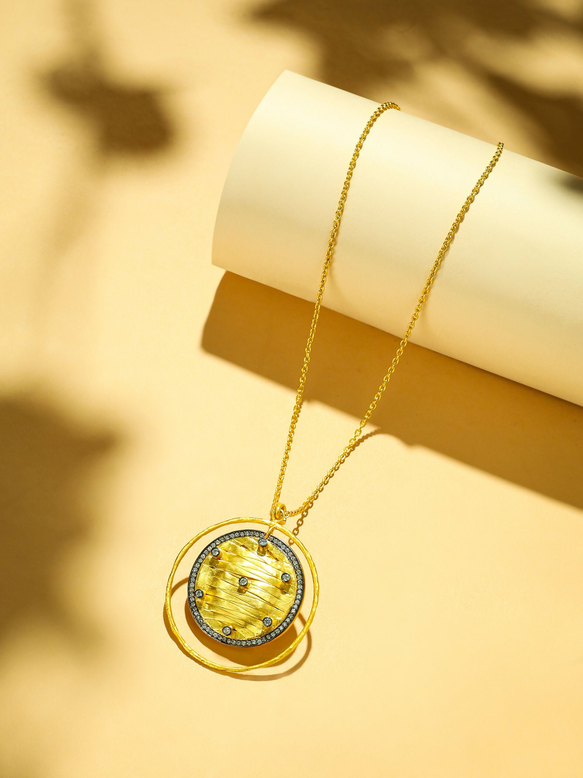 Nuyug 18K Gold-Plated Zircon Studded Minimal Chain Textured Surface Pendant Necklace | Swadesiicart
