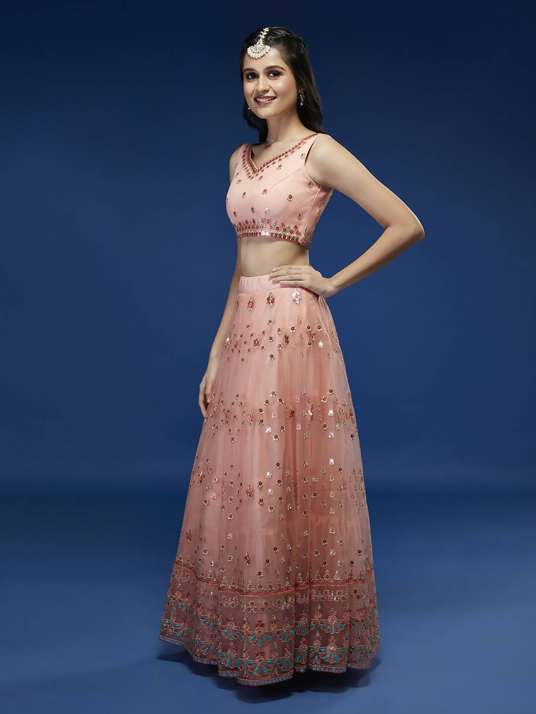 House of Panchhi Peach Net Sequinse Work Lehenga & Blouse, Dupatta | Swadesiicart