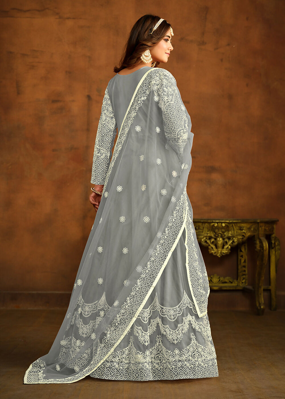 Grey All Over Embroidered Net Wedding Anarkali Suit - Emponline | Swadesiicart
