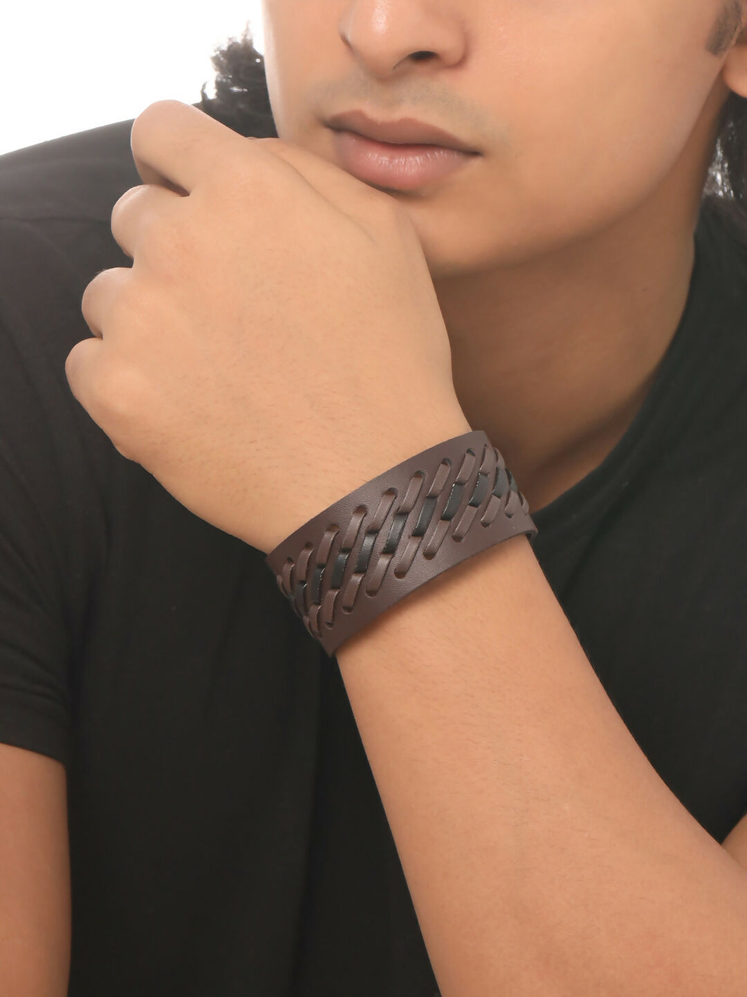 NVR Men's Set of 2 Brown Leather Bracelet - Swadesiicart
