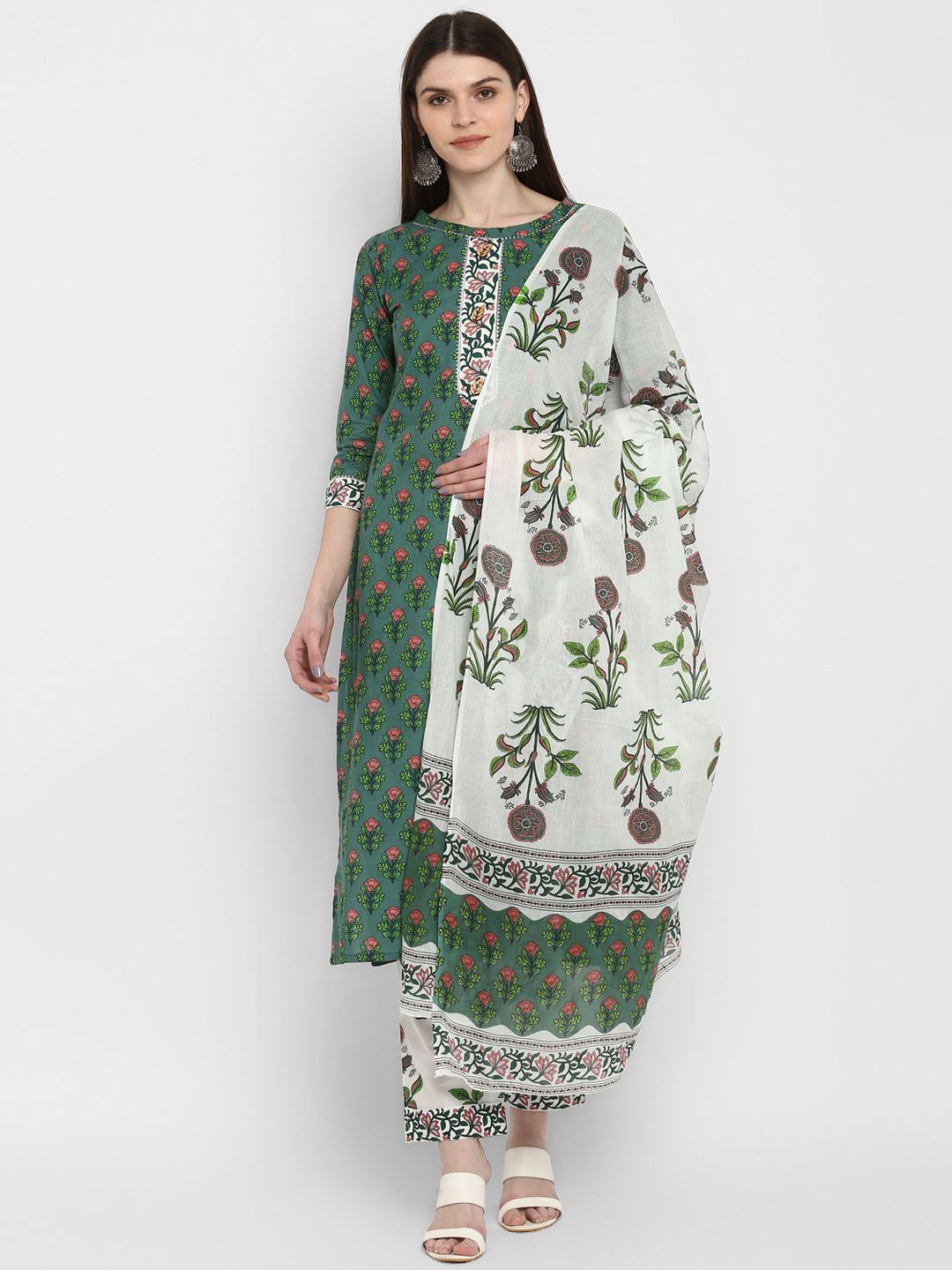 NOZ2TOZ Women's Block Print Green Kurta & Pant With Dupatta Set- (3pcs Set) - Swadesiicart