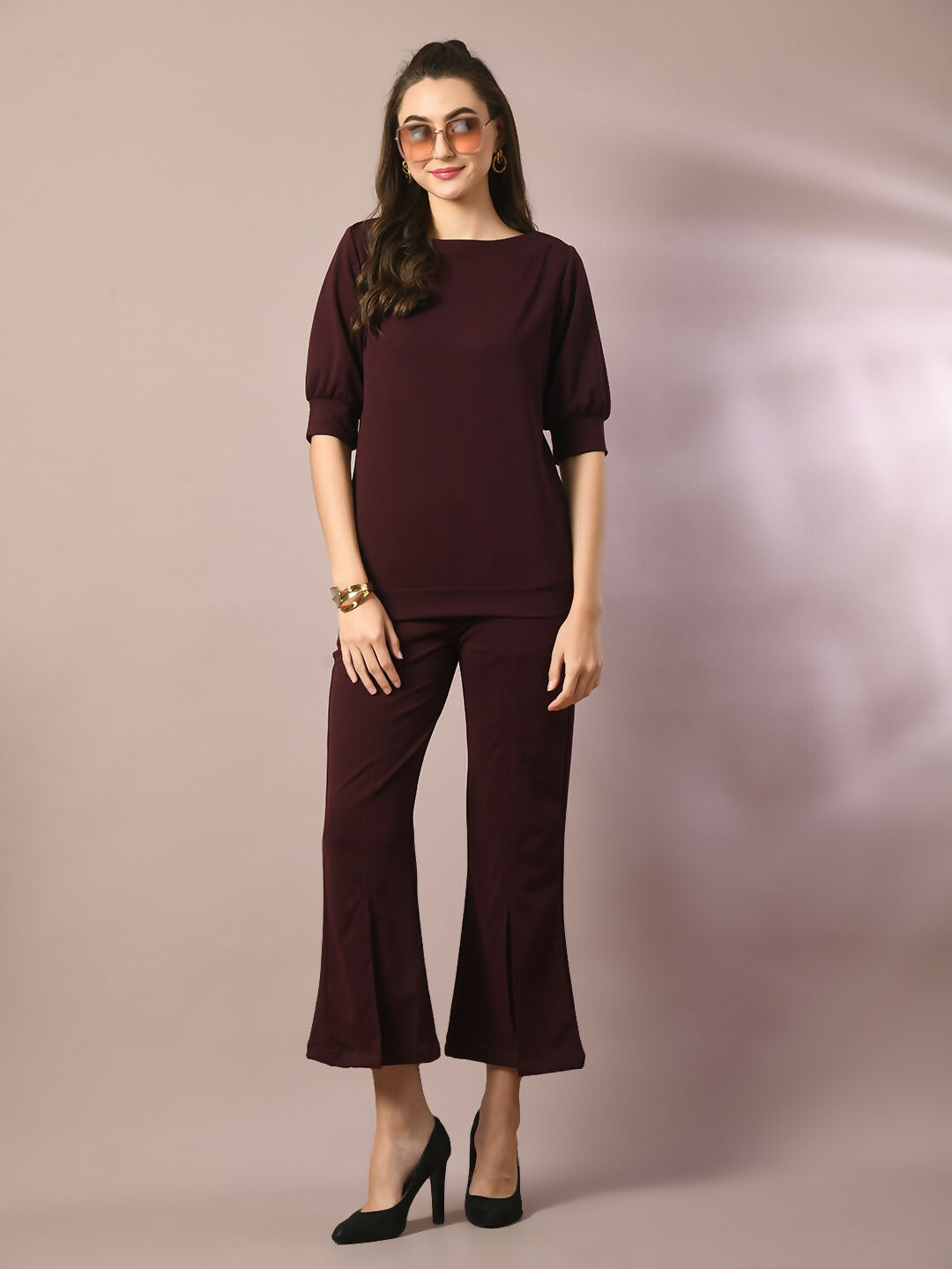 Myshka Women's Coffee Brown Solid Boat Neck Party Top With Trousers Co-ord set - Swadesiicart
