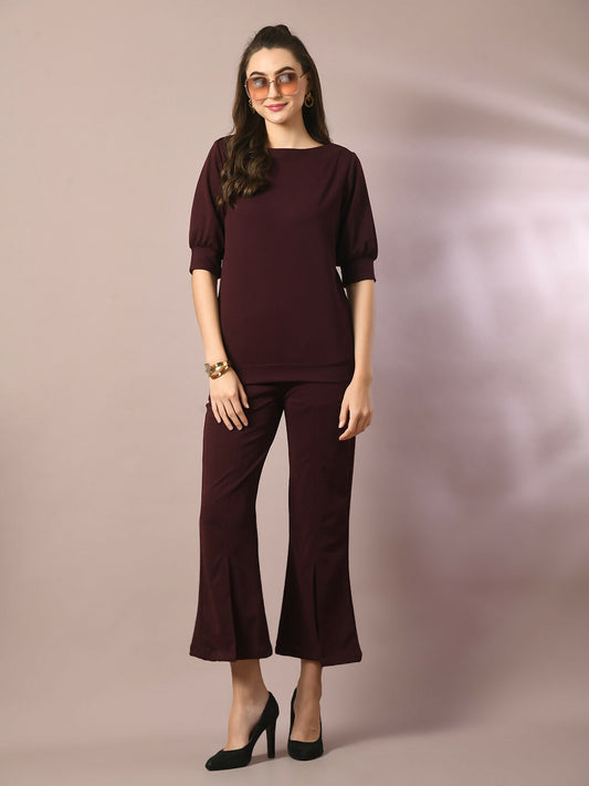 Myshka Women's Coffee Brown Solid Boat Neck Party Top With Trousers Co-ord set - Swadesiicart