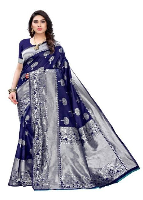 Vamika Banarasi Jacquard Weaving Blue Saree (AMEE BLUE) | Swadesiicart