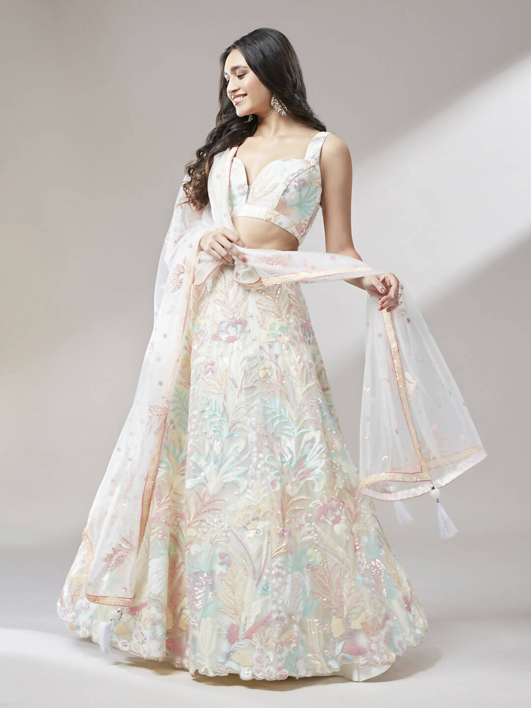 House of Panchhi Cream Net Sequinse Work Lehenga & Blouse with Dupatta | Swadesiicart