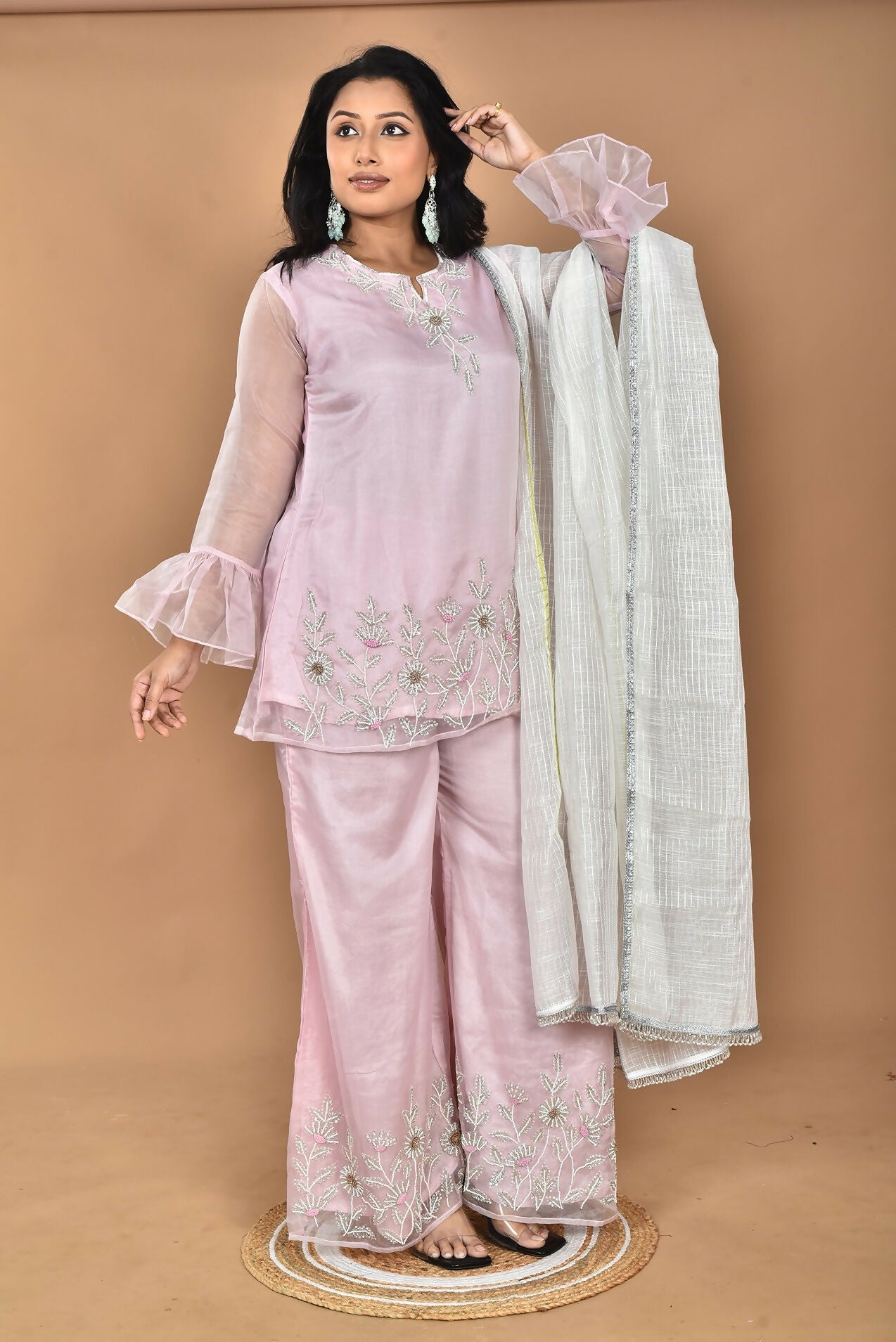 Morchari Women And Hand Embroidery Palazzo Set-Pink - Swadesiicart