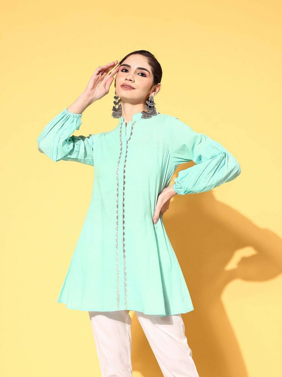 Ahalyaa Women Mint Green Pure Cotton Silver Print Tunic | Swadesiicart