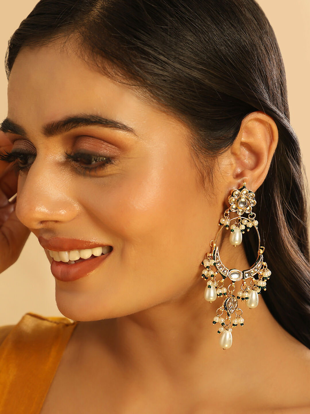 Nuyug 22K Gold Plated Crescent Kundan Drop Pearl Chandbali Earrings | Swadesiicart