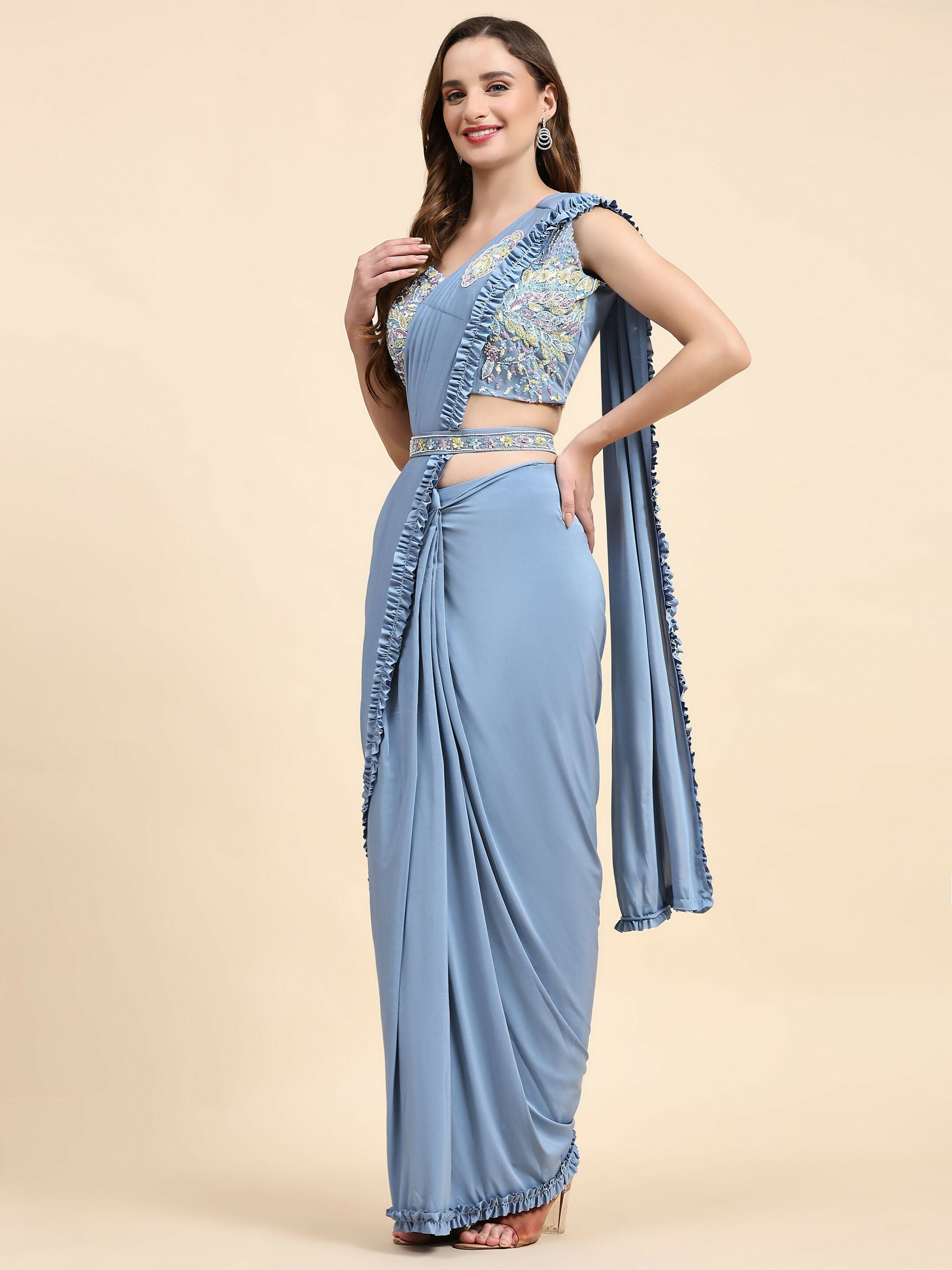 Blue Lycra Solid Ready to wear Saree with stitched Blouse - Vanita | Swadesiicart