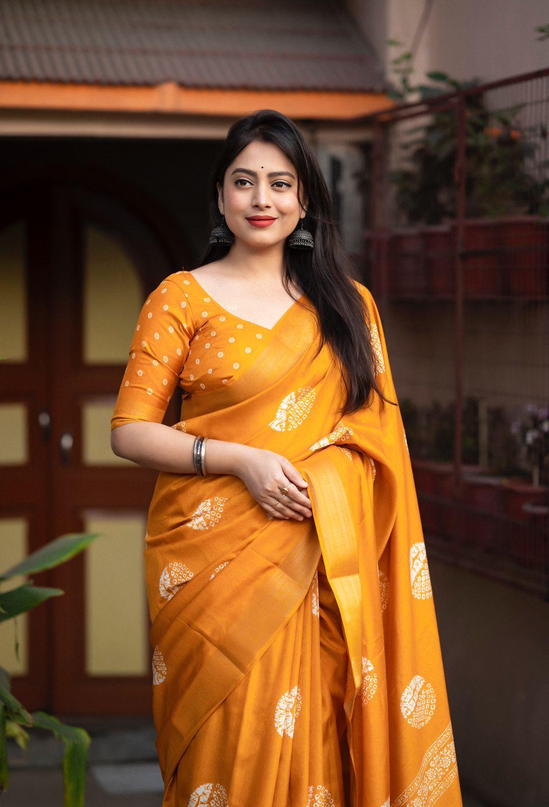 Mustard Cotton Crepe Batik Print Saree with Unstitched Blouse - Hiral Fashion | Swadesiicart