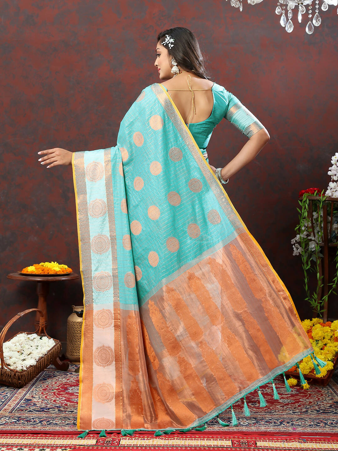 Lorenvalley Fashion Skyblue Cotton with Woven Design Zari Weaving Saree - Swadesiicart