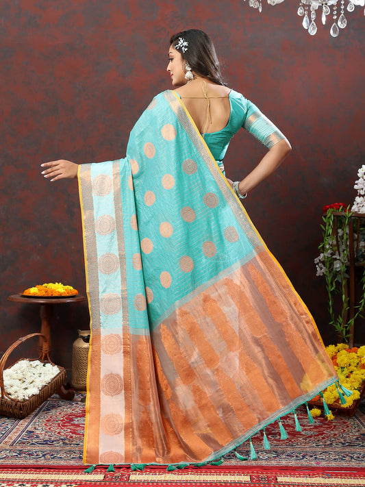 Lorenvalley Fashion Skyblue Cotton with Woven Design Zari Weaving Saree - Swadesiicart