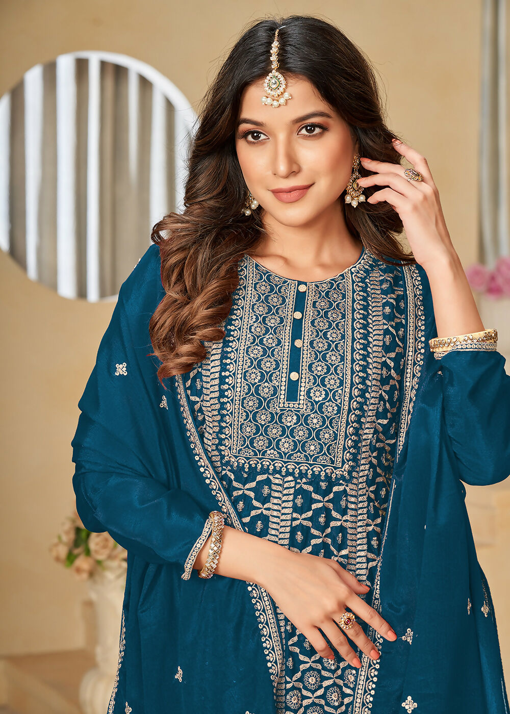 Chinnon Peacock Blue Embroidered Palazzo Salwar Suit - Emponline | Swadesiicart