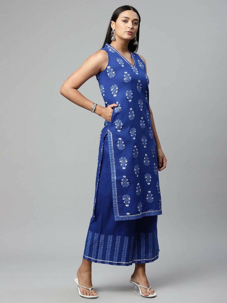 Ahalyaa Womens Indigo Blue Pure Cotton Printed Kurta Palazzo Set | Swadesiicart