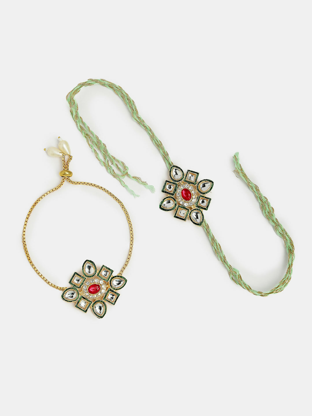 NVR Women & Men Set of 2 Gold Kundan-Studded Handcrafted Wraparound Rakhi Set With Roli Chawal & Chocolate | Swadesiicart