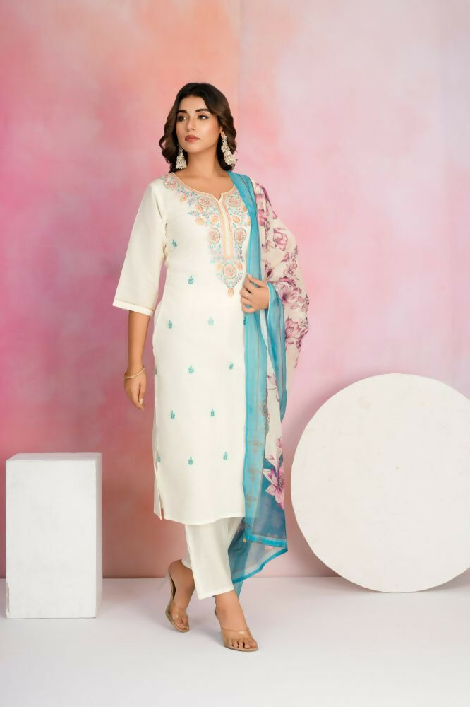 Ethnic Festive Wear Viscose Chanderi Off White Stitched Suit With Dupatta - Tanisha | Swadesiicart