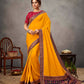 Yellow Satin Silk Zari, Cord And Sequins Embroidery Saree - Norita Arinya | Swadesiicart