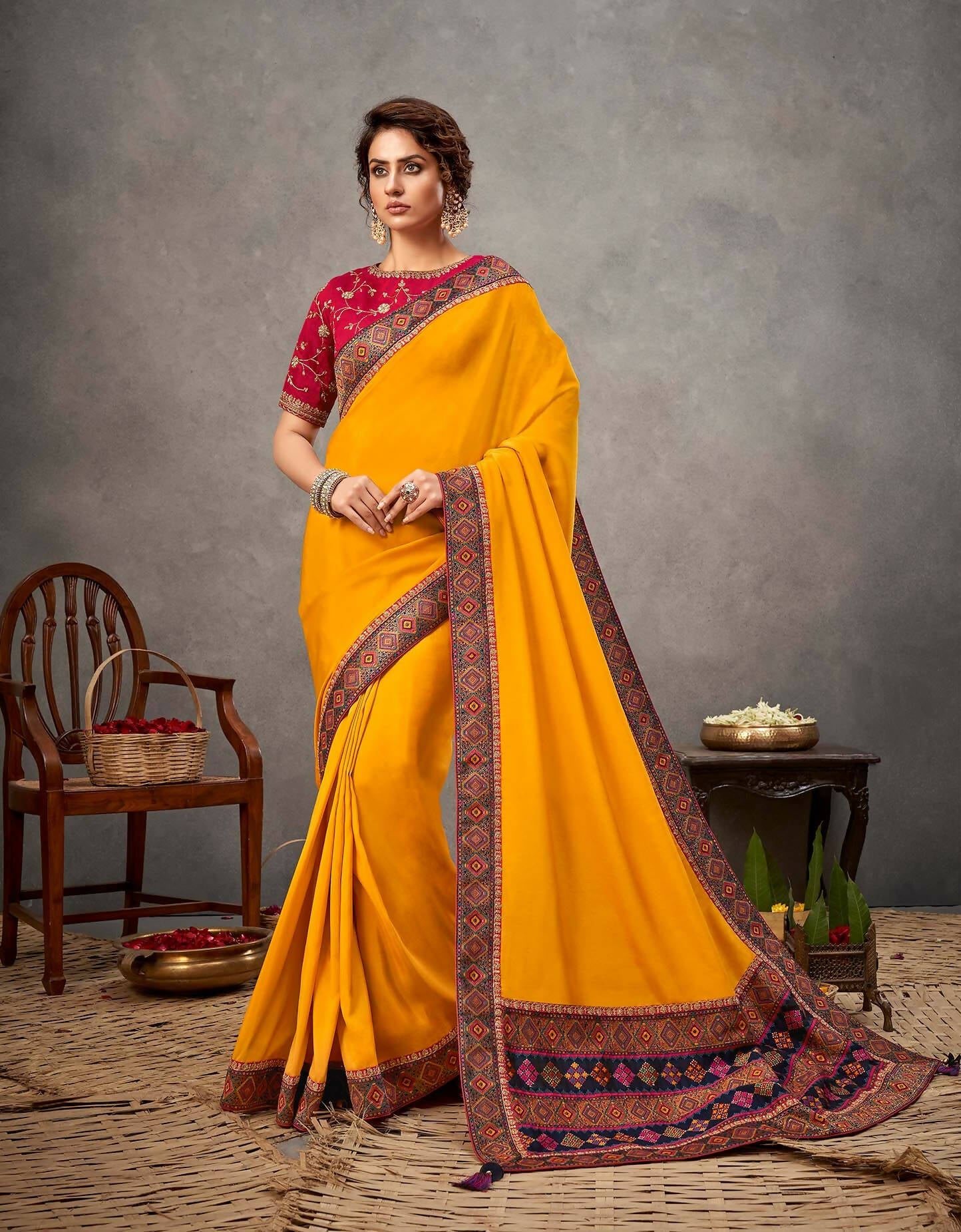 Yellow Satin Silk Zari, Cord And Sequins Embroidery Saree - Norita Arinya | Swadesiicart