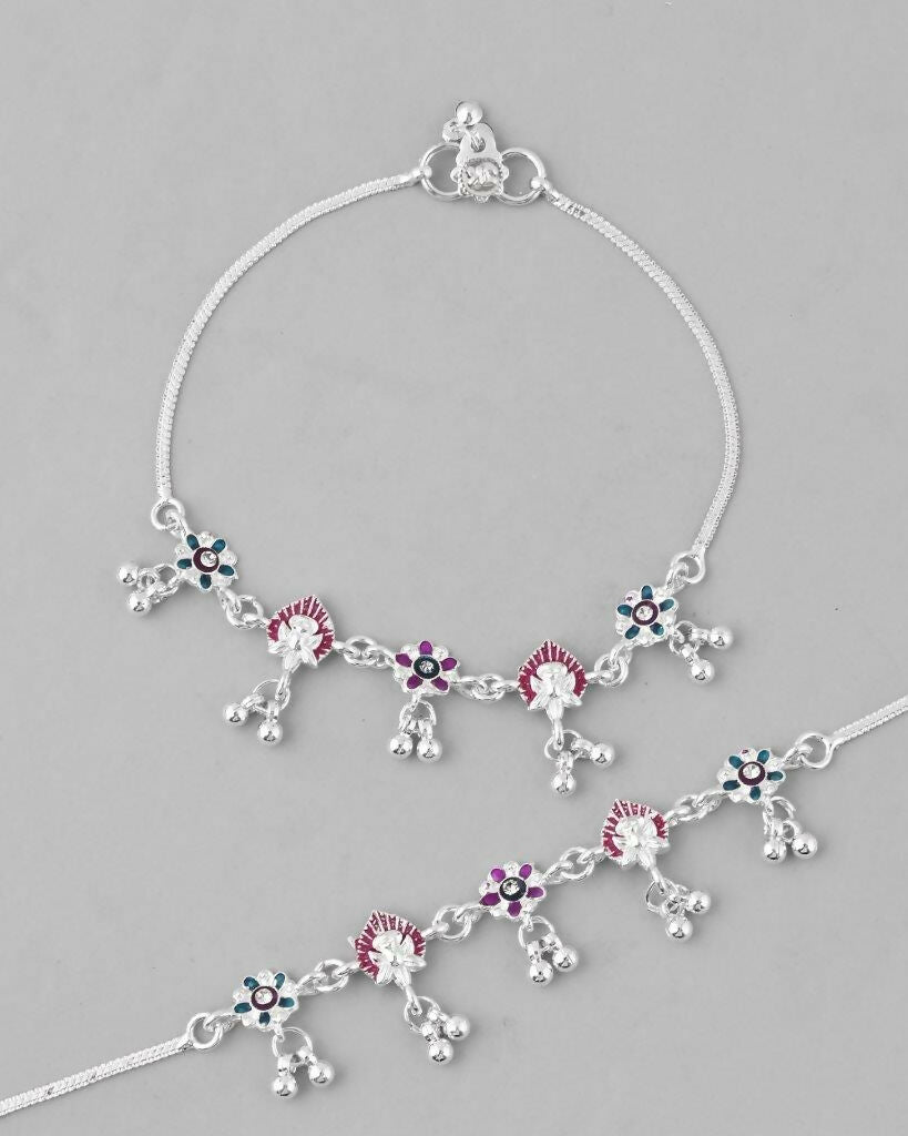 VOJ Set of 2 Silver Plated Designer Multi Color Anklet - Swadesiicart