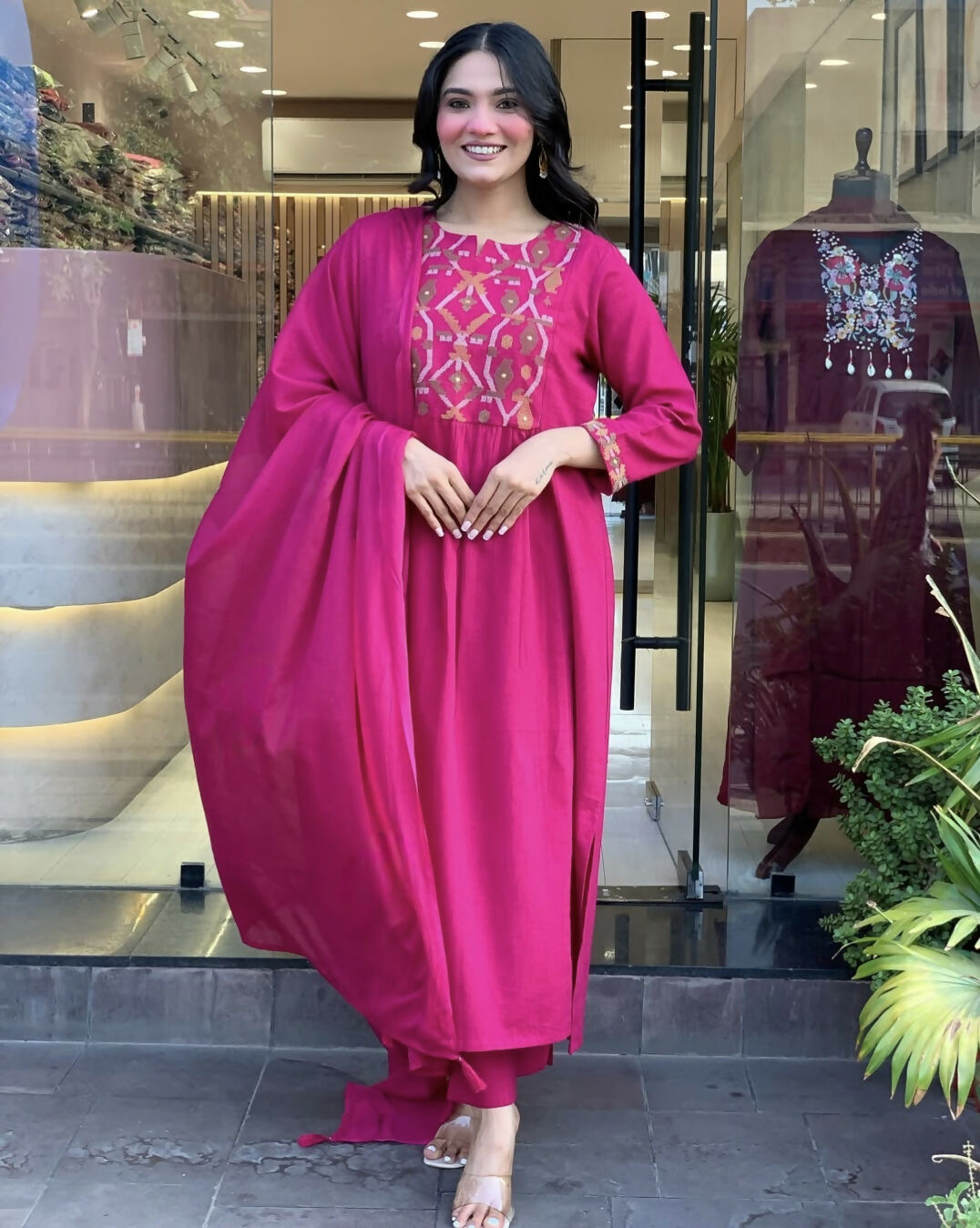 The52 Pink Women's Gorgeous Chanderi Fabric Embroidered Work Straight Kurta Pant and Dupatta Set - Swadesiicart