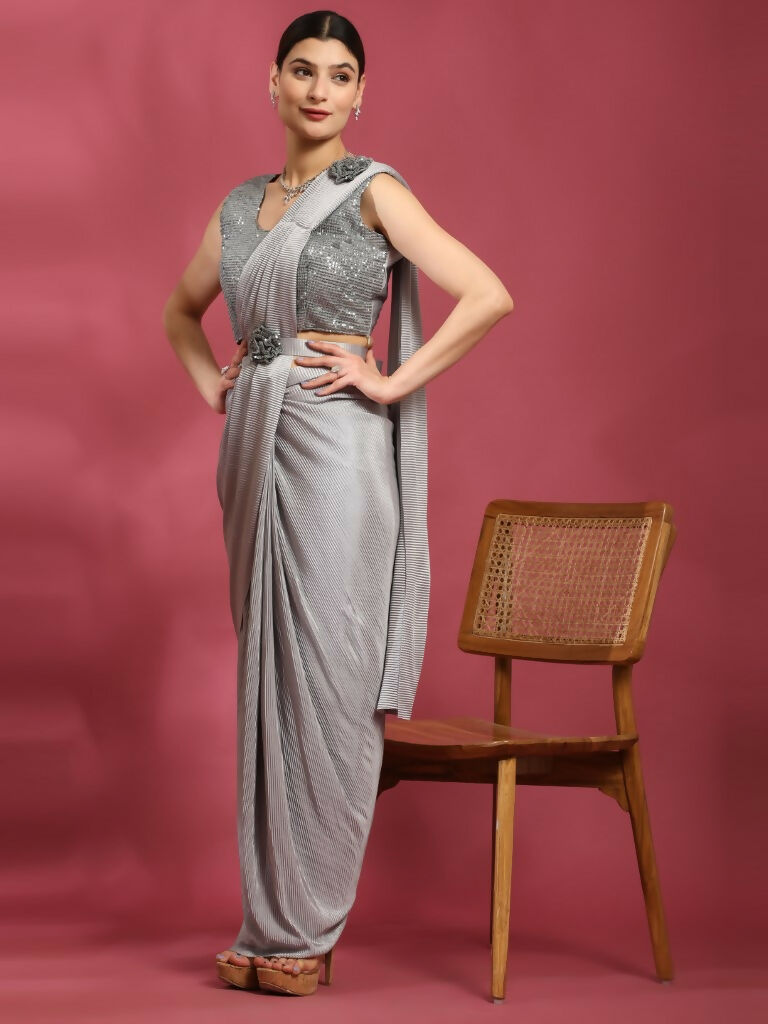 Grey Imported Crush Lycra Texture Pattern Ready to Wear Saree with stitched Blouse - Nirvana | Swadesiicart