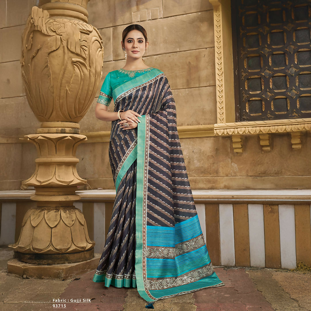 Brown Gajji Silk Stripe Printed With Stone Work & Hand Work Saree With Unstitched Blouse - Norita Gajri