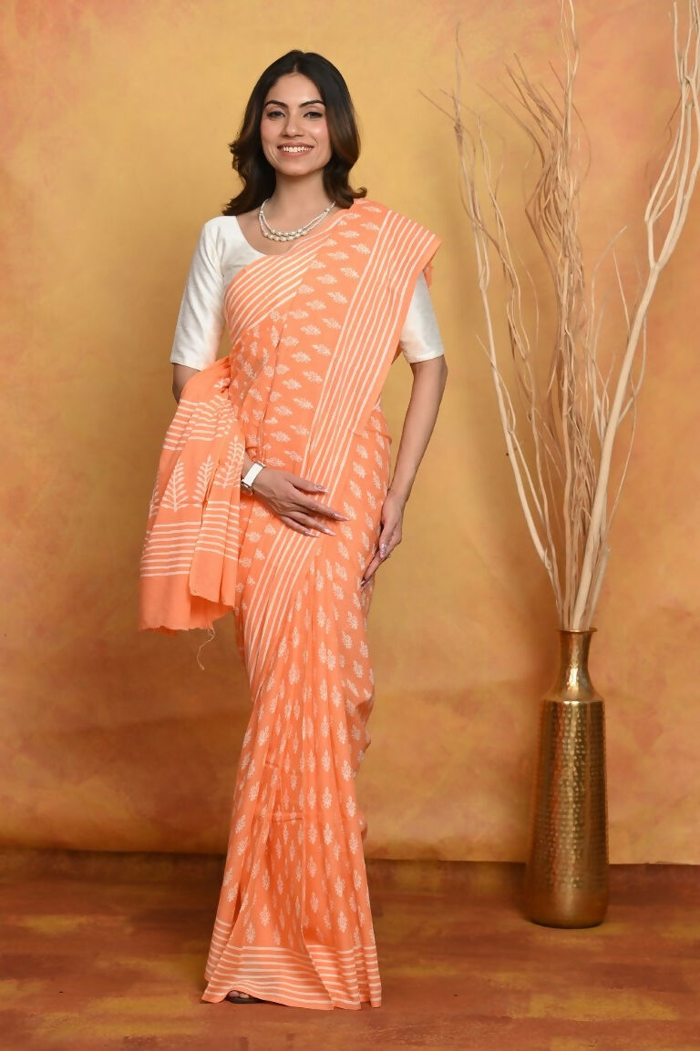 Very Much Indian Handblock Printed Cotton Saree With Natural Dyes - Light Peach | Swadesiicart