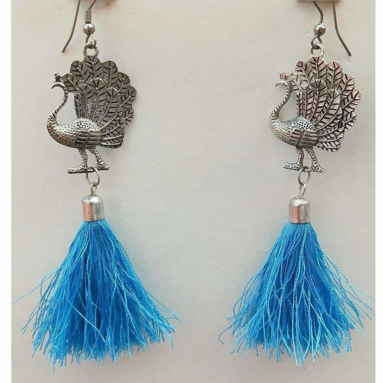 MS Fashion India Fancy Peacock Tassel Hanging Blue Silk threads Earrings | Swadesiicart