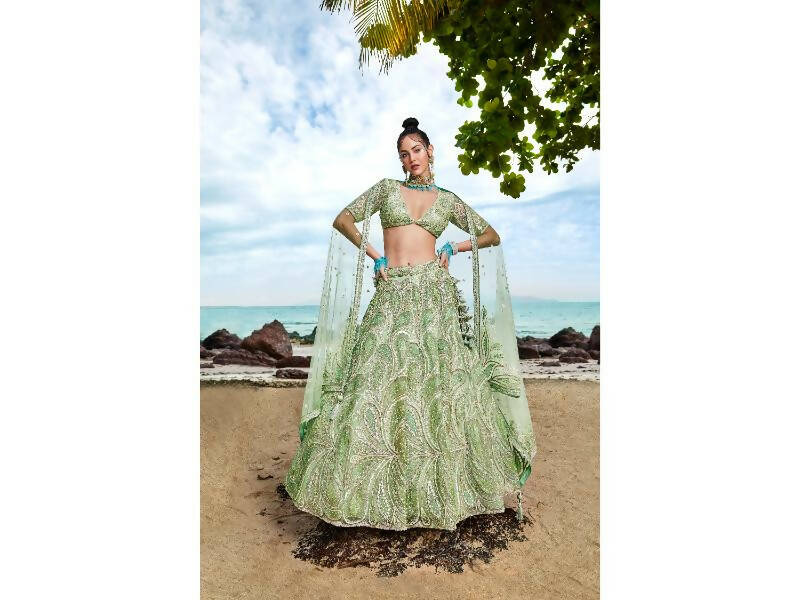 House of Panchhi Lime green Net Multi Sequins with heavy Zarkan embroidery Lehenga choli & Dupatta | Swadesiicart