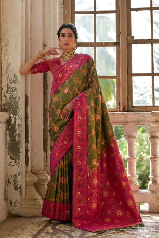 Vishnu Weaves Women's Mehndi Banarasi Silk Zari Woven Saree with Blouse - Swadesiicart