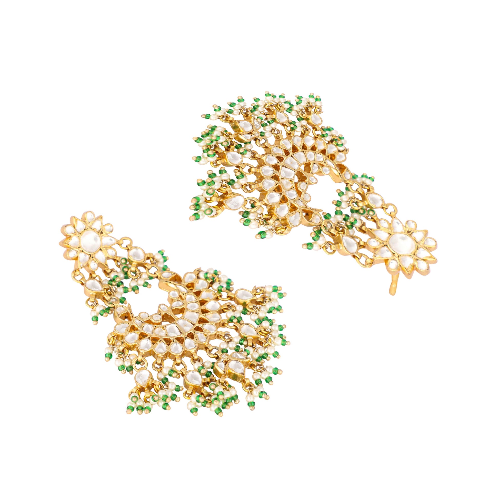 Nuyug 22K Gold-Plated Kundan & Pearl Studded Crescent Shaped Green Beads Chandbalis | Swadesiicart