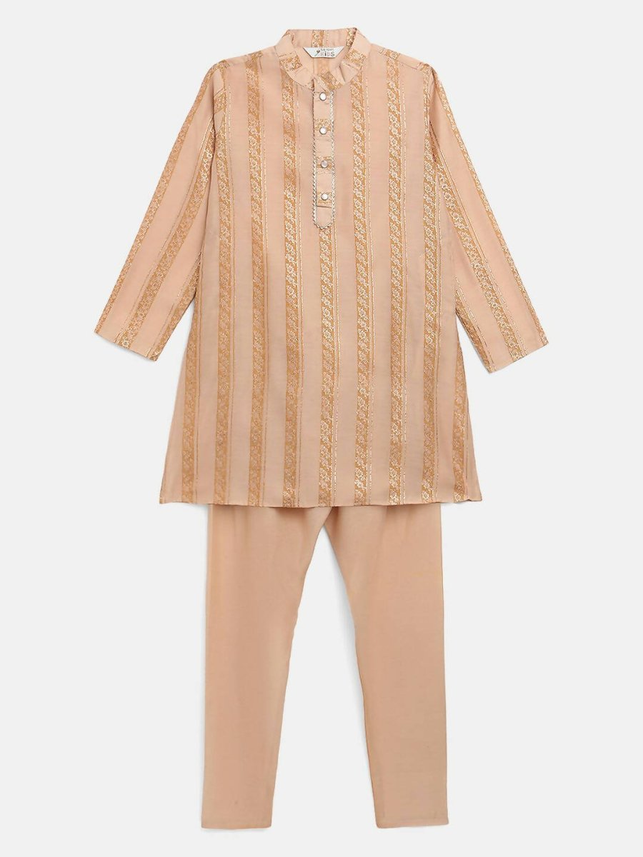 Ahalyaa Beige Chanderi Gold Foil Print Kids Kurta Churidar Set For Boys | Swadesiicart