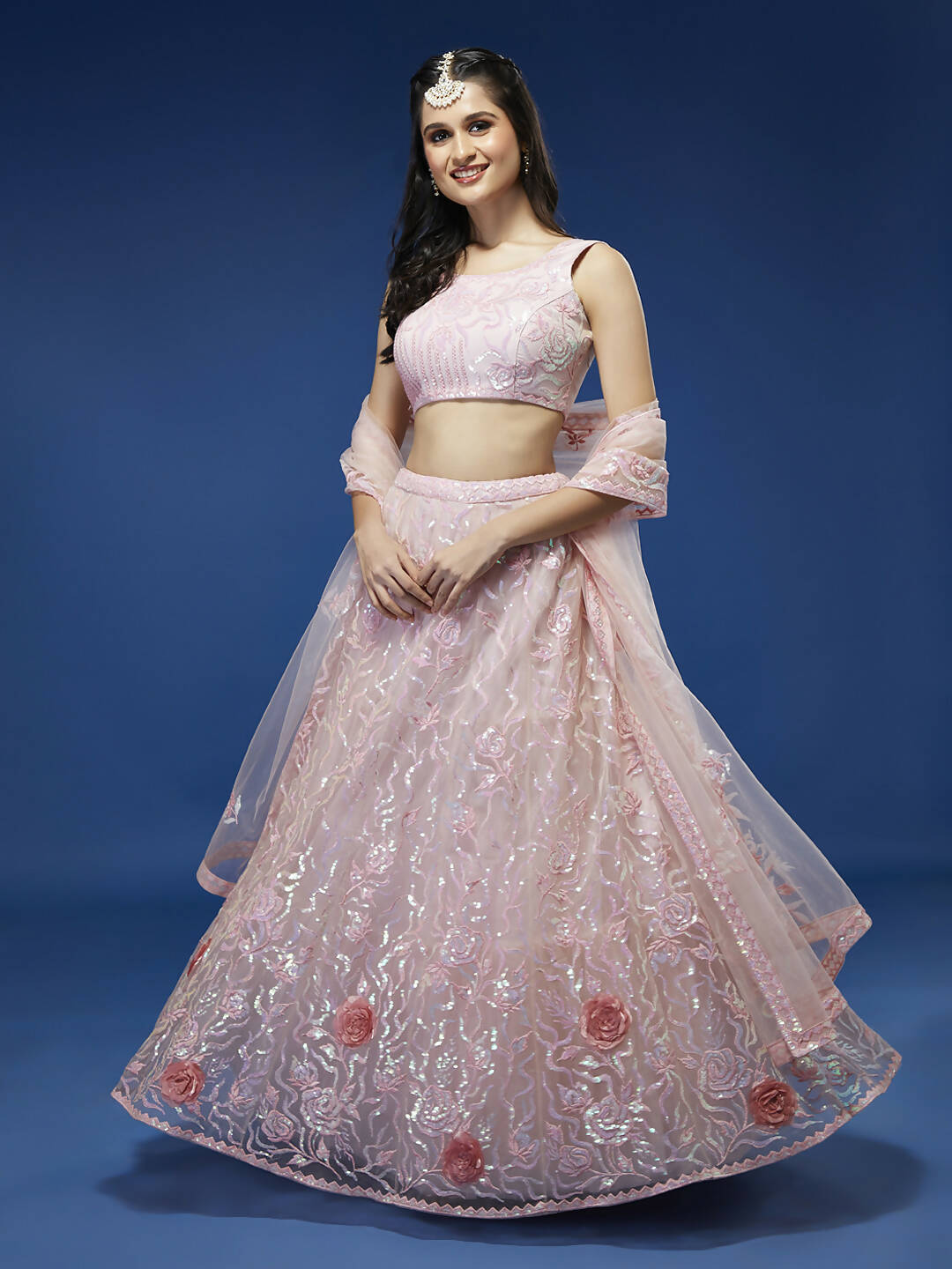 House of Panchhi Coral Net Sequinse Work Lehenga & Blouse, Dupatta | Swadesiicart