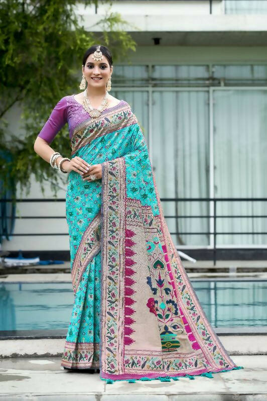 Vishnu Weaves Women's Firozi Paithani Patola Silk Zari Woven Saree with Unstitched Blouse - Swadesiicart