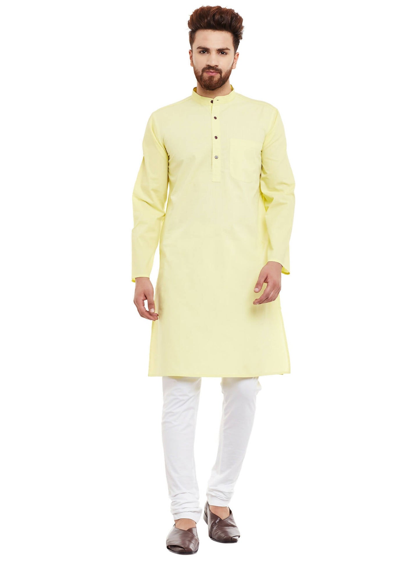 Even Apparels Yellow Pure Cotton Men's Kurta With Band Collar | Swadesiicart
