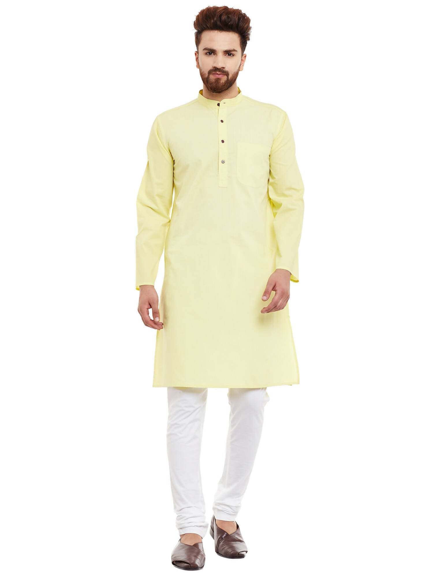 Even Apparels Yellow Pure Cotton Men's Kurta With Band Collar | Swadesiicart