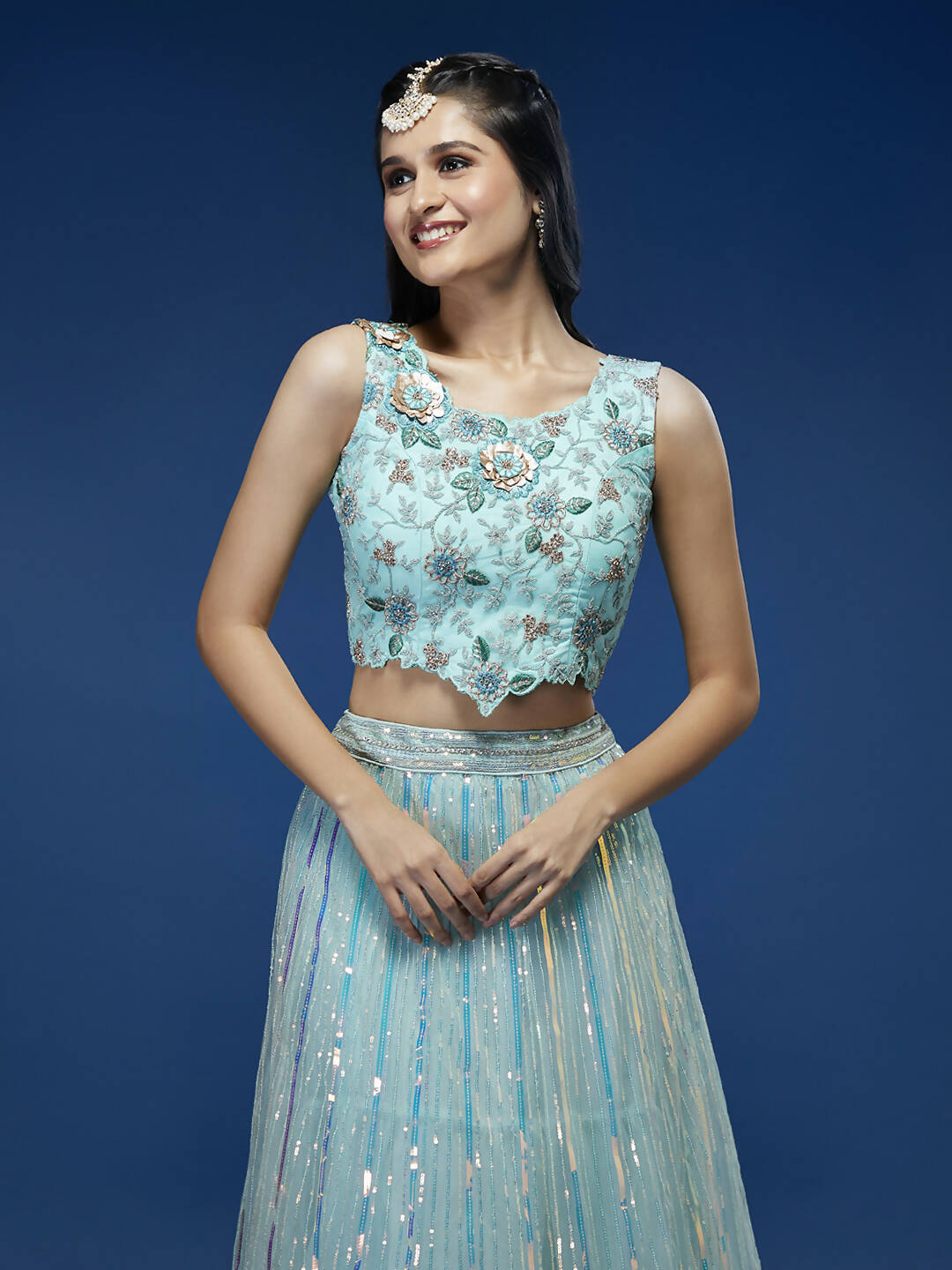 House of Panchhi Turquoise Blue Net Sequinse Work Lehenga & Blouse, Dupatta | Swadesiicart