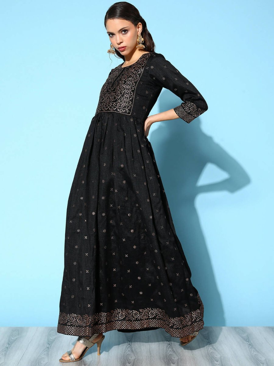 Ahalyaa Women Black Poly Silk Printed Dress | Swadesiicart