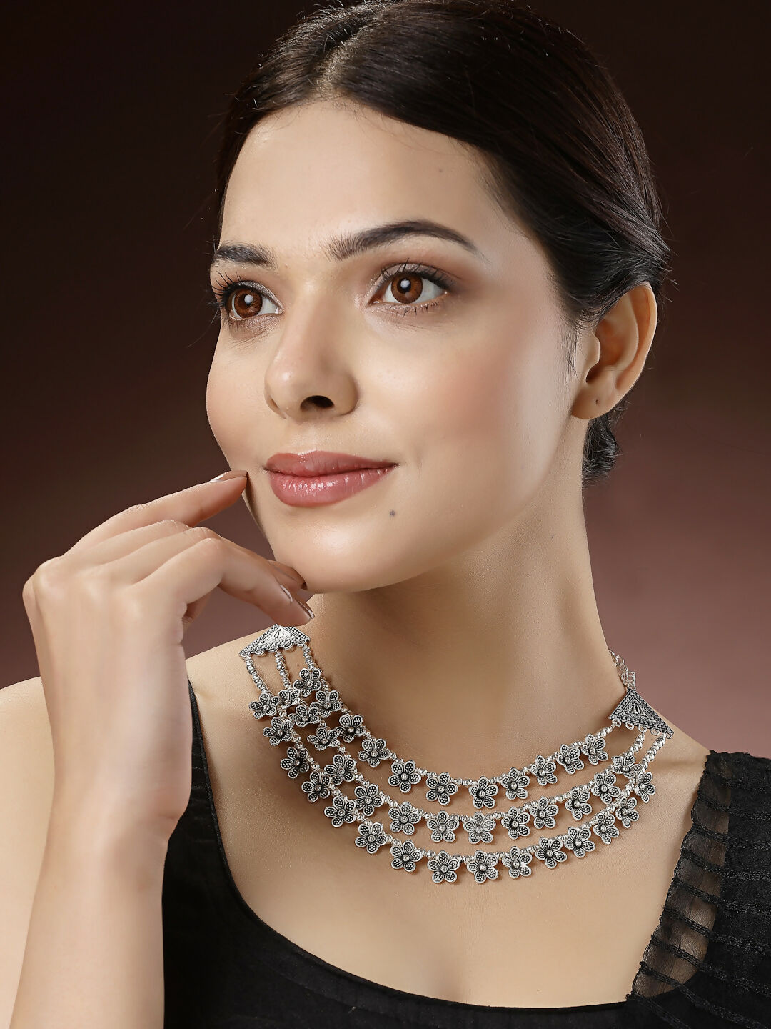 NVR Women's 3 Layered Floral Shape Artificial Beads German Silver Oxidised Necklace | Swadesiicart