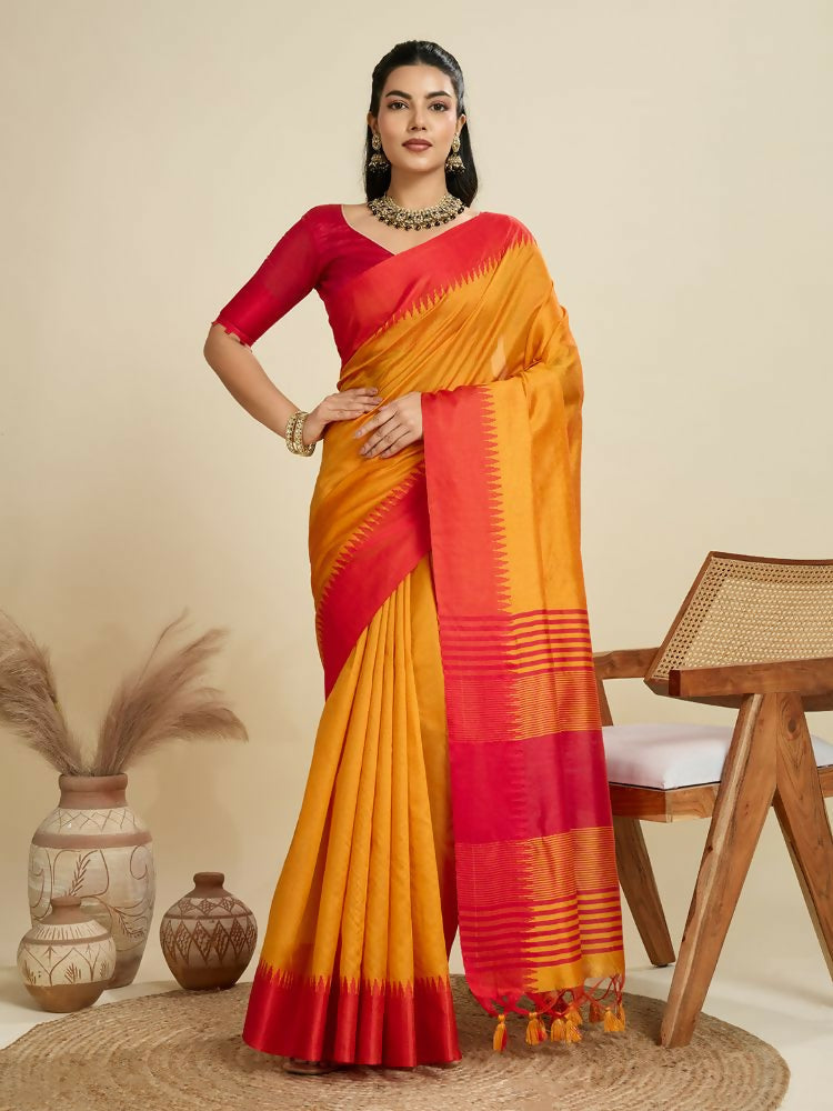 Vishnu Weaves Women's Mustard Raw Silk Thread Woven Saree with Blouse - Swadesiicart